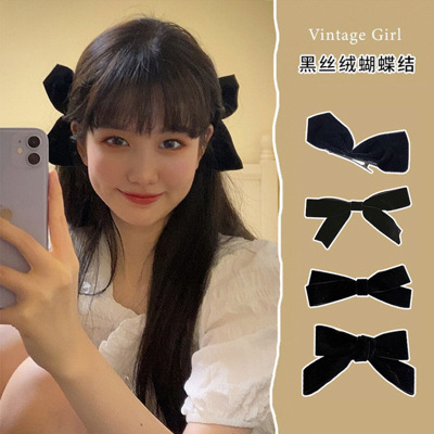 Jisoo Kim Ji-Su Same Style Black Bow Barrettes Female Half Leaf Style a Pair of Hairclips Girl Side Clip Duckbill Clip Hair Accessories