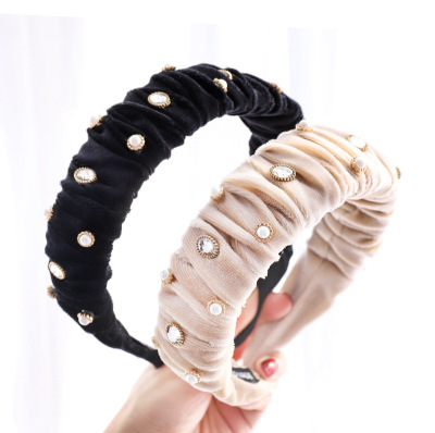 Autumn and Winter Velvet Headband South Korea Dongdaemun Cloth Hair Accessories One Piece Dropshipping Pleated Pearl Rhinestone Headband F217