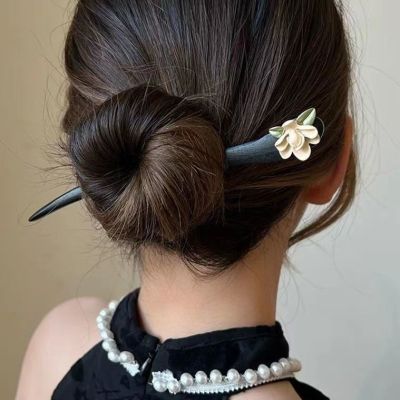 Ebony Hairpin Female Cheongsam Flower Modern Hair Accessories Updo Wooden Hair Clasp Hairpin Headdress for Han Chinese Clothing Accessories