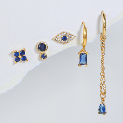 Japanese and Korean Trendy Earrings Set Refined Zircon Micro-Inlaid Sweet Clear Ink Blue Flower Tassel Ear Studs Earrings