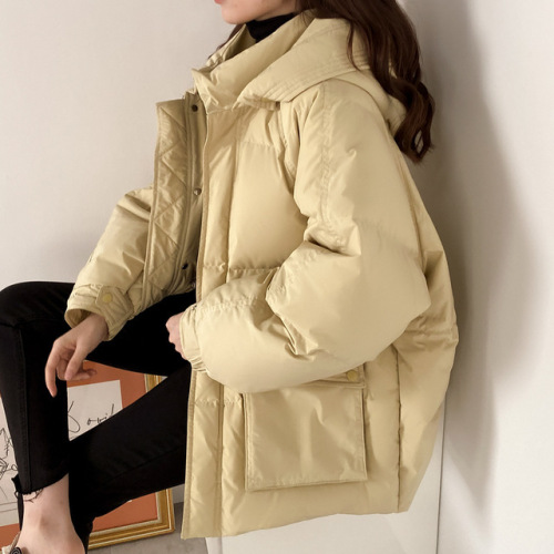 2022 new down jacket women‘s short korean style loose white duck down hooded simple bread coat thickened coat fashion
