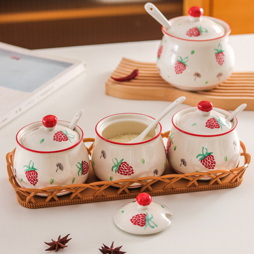 ceramic strawberry hand painted canned seasoning lard coffee beans storage jar with cover spoon