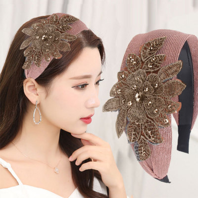 European and American Fabric Wide-Brimmed Large Flower Headband Cover Gray Hair Breathable and Simple Hair Band Non-Slip Hairpin Hairband Decoration Women