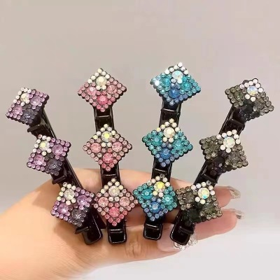 Square Rhinestone Braided Hair Barrettes Female Online Influencer Hairpin Side Cropped Hair Clip Barrettes Artifact Clip Hairware Forehead Bangs Clip