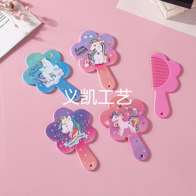 Korean Style Mirror Cute Cartoon Unicorn Mirror and Comb Set Student Campus Youth Portable and Fresh Foreign Trade Mirror Comb