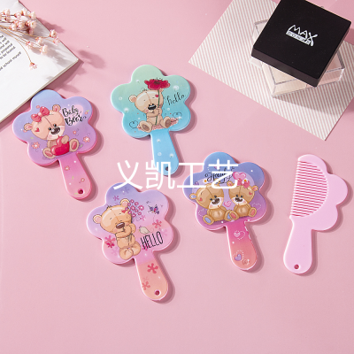 Korean Style Mirror Cute Cartoon Bear Mirror and Comb Set Student Campus Youth Portable and Fresh Foreign Trade Mirror Comb