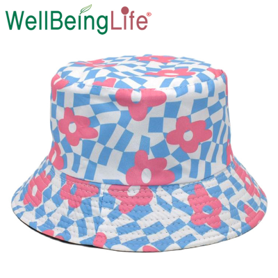 Cross-Border European and American Flowers Plaid Fisherman Hat Flat Top Korean Style Outdoor Sun-Shade Sun Protection Men and Women Couple Double-Sided Wear Bucket Hat