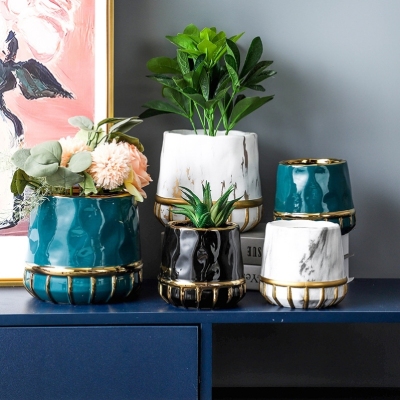 Succulent Flower Pot Ins Style Golden Edge Domestic Ornaments Nordic Minimalist Style Marbling Gift Ceramic Flower Pot