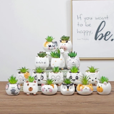 (Small Wholesale) Medium Temperature Ceramic Nordic Minimalist Style Hand Painted Cute Animal Flower Pot Domestic Ornaments