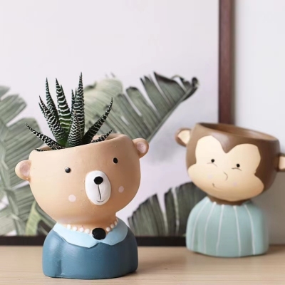 Home Furnishings Desktop Cartoon Bear Head Tilt Doll Breathable Painted Ceramic Succulent Plant White Pottery Small Flower Pot Indoor