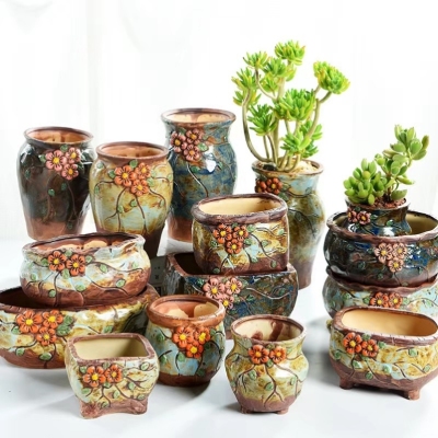 Korean Style Succulent Flower Pot Stoneware Hand Painted Old Pile Succulent Bonsai Porcelain Minimalist Breathable Large and Small Succulent Flower Pot