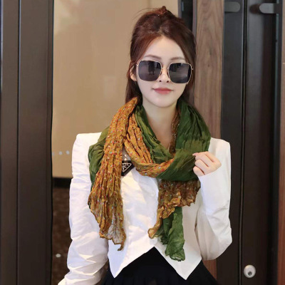 Small Floral Cotton Linen Crumpled Sunscreen Scarf Women's Summer New Fashion All-Match Thin Air Conditioning Shawl Autumn and Winter