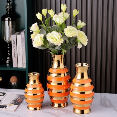 Light Luxury New Chinese Handmade Gold Plated Ceramic Vase Living Room Decorations Home Flower Arrangement Simple Modern Ornaments