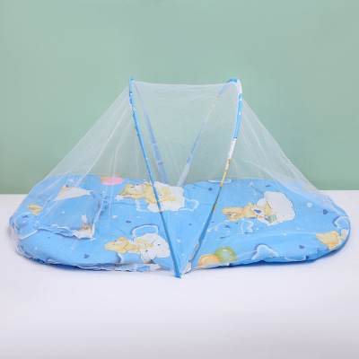 Baby Mosquito Net Cartoon Blue Mongolian Bag Mosquito Net Installation-Free Children Mosquito Net Soft Mat Three-Piece Set
