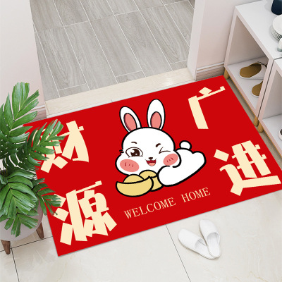 2023 Rabbit Year Crystal Velvet Floor Mat Entrance Stain-Resistant Non-Slip Foot Mat Festive Red Bathroom Can Cover Hydrophilic Pad