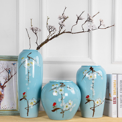Chinese Modern Crafts Decoration Jingdezhen Hand Painted Ceramic Vase Three-Piece Set Home Living Room and Hotel Decorations