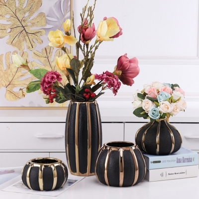 Nordic Style Black Gold Outline Ceramics Vase Home Ornament and Decoration Flower Vase Phalaenopsis Flower Pot