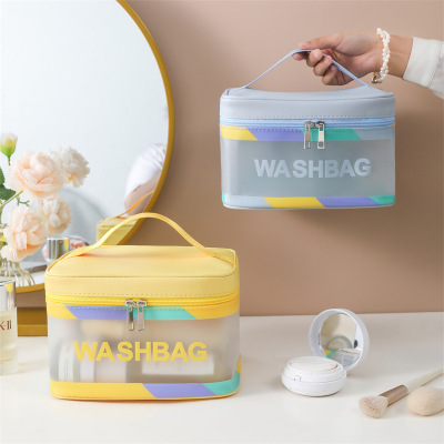 Pu Transparent Colorful Square Bag Ins Cosmetic Bag Women's Portable Large Capacity Travel Skincare Wash Bag Bottles