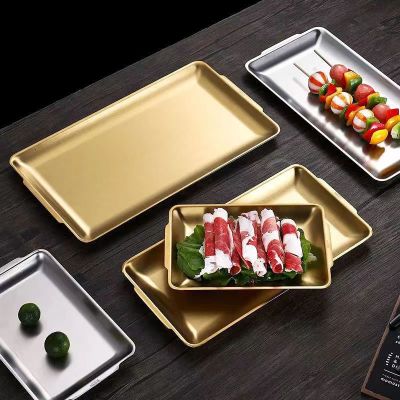 304 Stainless Steel Korean Style Thickened Frosted Barbecue Plate Restaurant Hotel Golden Creative Sushi Snack Flat Bottom Plate