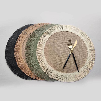 INS Style Simple Jute Paper Placemat Fringe Fringe Christmas Festival round Dining Table Cushion Environmental Insulation Non-Slip Mat