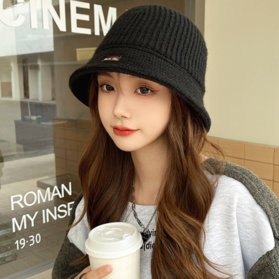 Hat Women's All-Match Knitted Fisherman Hat Korean Woolen Hat Autumn and Winter Face-Looking Small Solid Color Bucket Hat Bucket Hat