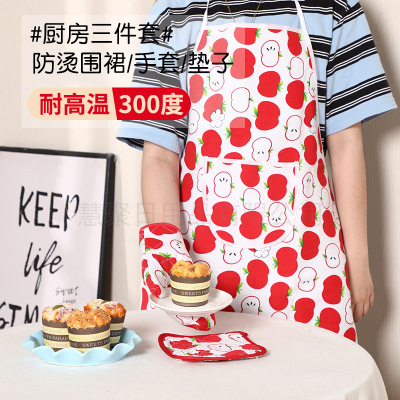 Household Multi-Printed Canvas Cotton and Linen Anti-Hot Gloves Apron Mat Three-Piece Set Safety Insulation Protective Suit