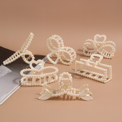 [ABS Pearl White Grip] Simple Fashion Geometry Pattern Shape Hair Claw Clip Lady Updo Back Head Shark Clip