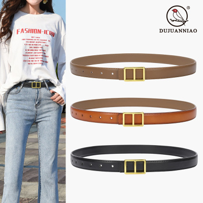 Products in Stock New Women's Belt Smooth Buckle Belt Women's Thin Pure Cowhide All-Match Simple Denim Suit Skirt Pant Belt