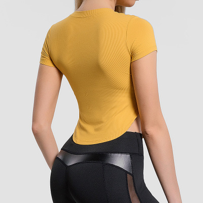 Yoga Clothes Women's Rib Sports Top T-shirt with Short Sleeves with Chest Pad Blouse Nude Feel Running Quick-Drying Fitness Clothes Beauty Back