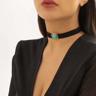 Accessories Vintage Turquoise Single-Layer Choker, Simple Ethnic Style Alloy Flower Disc Necklace