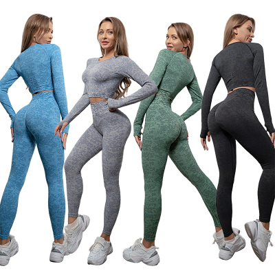 Cross-Border Seamless Knitted Quick-Drying Running Sportswear Yoga Long-Sleeve Suit Slim Fit Fitness Yoga Pants Base Two Pieces