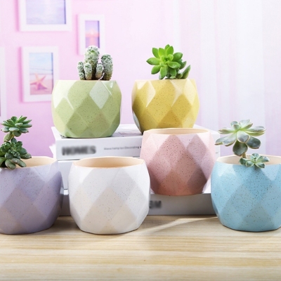 Mini Desktop Small Flower Pot Six-Color Geometric Ceramic Succulent Plant Pot Cross-Border Gardening Macaron Basin Creative Wax Cup