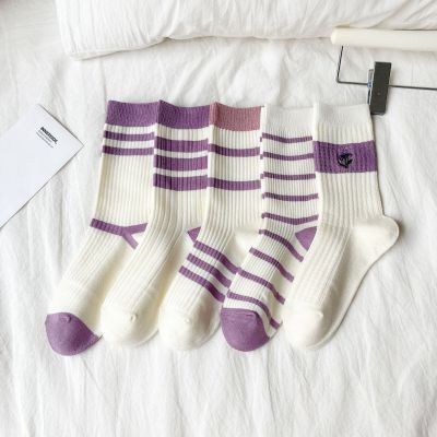 Socks2022 New Ins Trendy Korean Style Mid-Calf Length Socks Women's Autumn and Winter Online Influencer Fashion Striped Casual Socks Breathable Cotton Socks