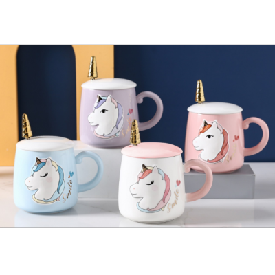 Creative Personalized Embossed Unicorn Ceramic Mug With Cover Spoon Korean Style Office Drinking Glass Girl Heart Cup