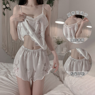 Ziqu Sexy Suspenders Pajamas Deep V Temptation Sweet Printed Shorts Two-Piece Home Wear Suit Generation 6105