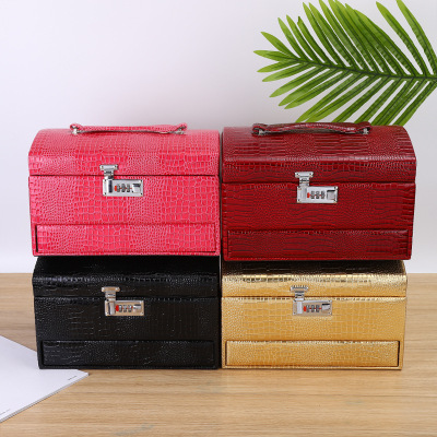 European-Style High-End Jewelry Box Password Lock Large Capacity Earrings Jewelry Crocodile Leather Pattern Multi-Layer Portable Storage Box