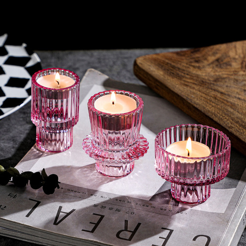 Classic Vertical Stripes Pink Amber dual-Purpose Candlestick Glass Candlestick Cup Candle Cup Household Candlestick Decoration