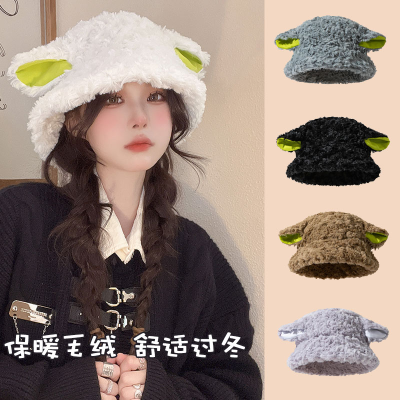 Autumn and Winter Plush Hat Lamb Cute Warm Earflaps Cap Bucket Hat Fleece-Lined Ears BAA Hat