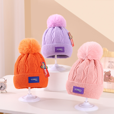 Autumn and Winter New Men and Women Baby Knitted Hat Rainbow Color Wool Hat plus Velvet Warm Leather Tag Fur Ball Hat