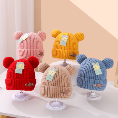 Autumn and Winter New Children's Knitted Hat Cartoon Bear plus Velvet Warm Earflaps Cap Men and Women Bay Hat Baby Cap