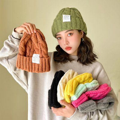 Korean Style Ing Rainbow Color Women's Hat Autumn and Winter Twist Patch Wool Keep Warm Knitted Student's Hat
