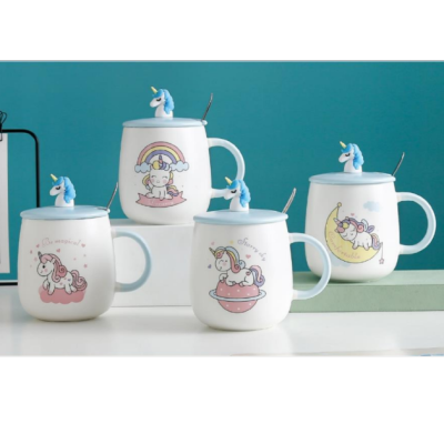 Creative Cute Cartoon Unicorn Gift Ceramic Coffee Cup with Cover Spoon Office Drinking Mug Minimalist Cup