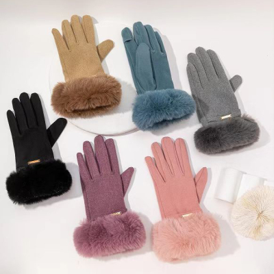 Wool Mouth Metal Accessories Five Finger Gloves Autumn and Winter Women's Warm Gloves