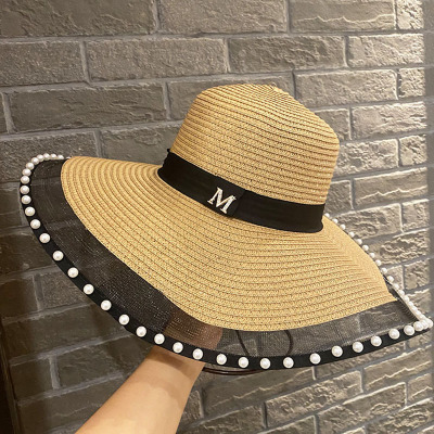 Hat Female Summer Sun-Proof Big Brim Face-Covering Sun Hat Travel Beach Elegant British Lace Pearl Straw Hat