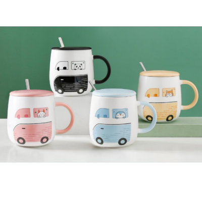 Creative Cartoon Ceramic Cup Korean Cute Large Capacity Mug Cup with Spoon Lid Breakfast Coffee Milk Cup