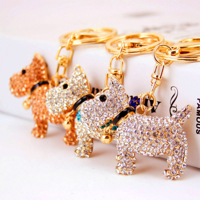 Creative Cute with Diamonds Bell Puppy Key Chain Chinese Zodiac Dog Keychain Pendant Women's Bag Accessories Small Gift