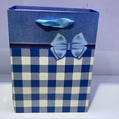 Factory Direct Sales White Grid Gift Bag Pink Blue Beige Bow Tote Bag Holiday Supplies Bag