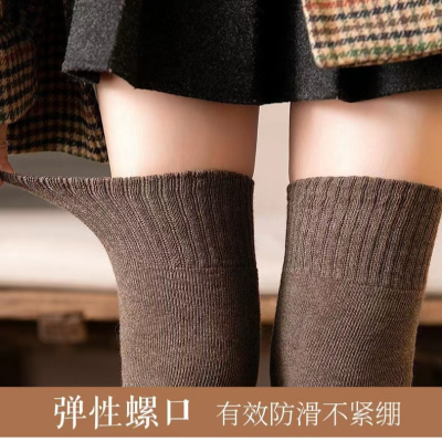 Cotton High Elastic Thickened Cold Protection Warm Thigh High Socks Pure Color Japanese Simple and Thin Terry Knee Socks Winter Hold-Ups