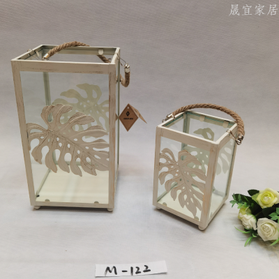 European-Style Retro Iron Art Home Outdoor Decoration Storm Lantern Candlestick Set Decoration Hemp Rope Handle Monstera Deliciosa Leaves.