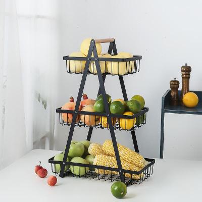 Removable Assembly and Convenient Storage Wooden Portable Iron Fruit Basket Fruit Rack Three-Layer Storage Rack